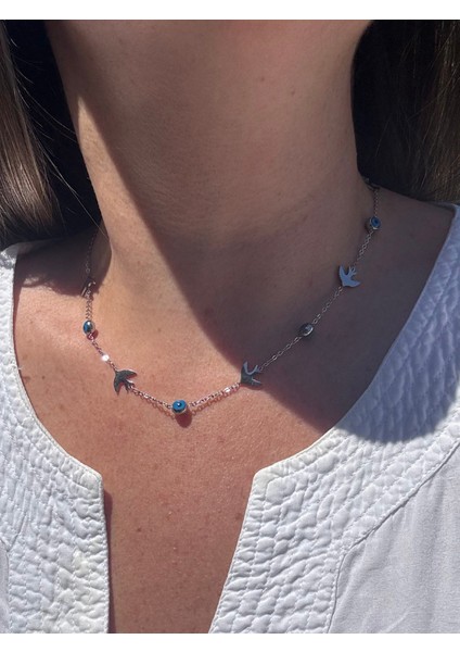 Kuş & Nazar Boncuklu Çelik Kolye modelleri