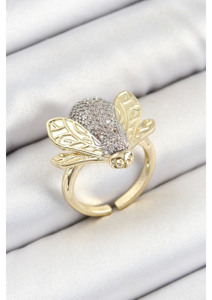 Bfs Pirinç Zirkon Taşlı Arı Model Gümüş ve Gold Renk Kadın Yüzük