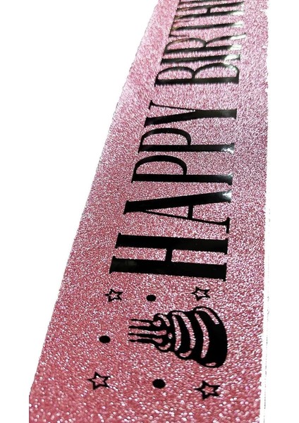 Bfs Pembe Üzeri Siyah Büyük Happy Birthday Yazılı Simli Işıltılı Kuşak Kemer 10 cm Genişlik