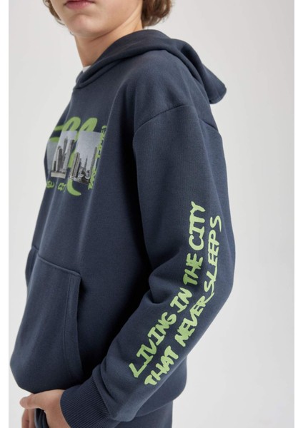 Erkek Çocuk Oversize Geniş Kalıp Kapüşonlu Baskılı Sweatshirt