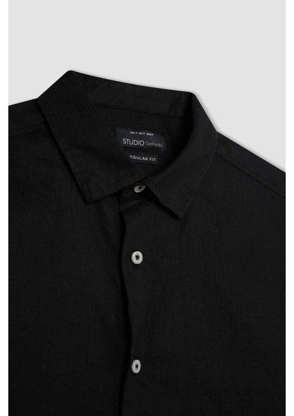 Regular Fit Polo Yaka Yazlık Keten Basic Düz Uzun Kollu Gömlek C1825AX24SM