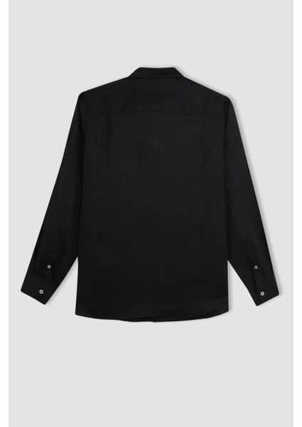 Regular Fit Polo Yaka Yazlık Keten Basic Düz Uzun Kollu Gömlek C1825AX24SM