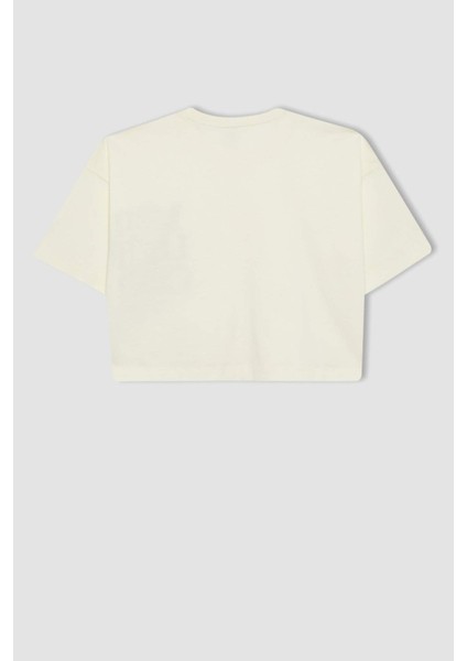 Kız Çocuk Bisiklet Yaka Baskılı Crop Kısa Kollu Tişört C1939A824SM