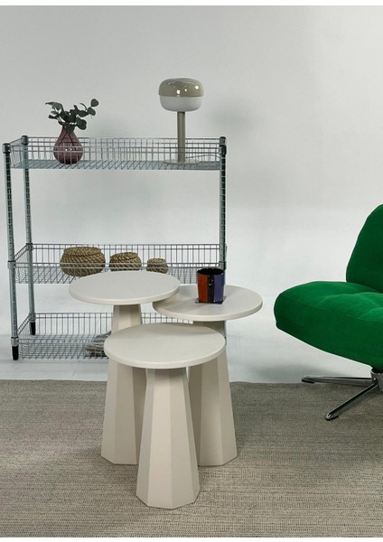 Lilyum Mantar Sehpa Üçlü Set Krem (57+52+47 Cm)