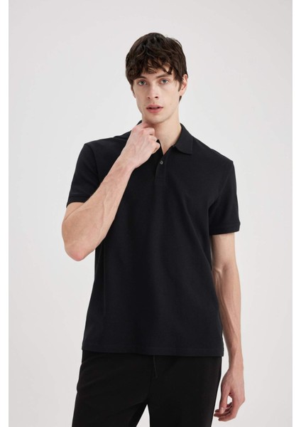 Regular Fit Polo Yaka Kısa Kollu Basic Düz Pike Kumaş Siyah Tişört C1293AX24SP