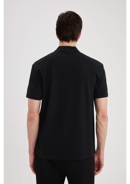 Regular Fit Polo Yaka Kısa Kollu Basic Düz Pike Kumaş Siyah Tişört C1293AX24SP