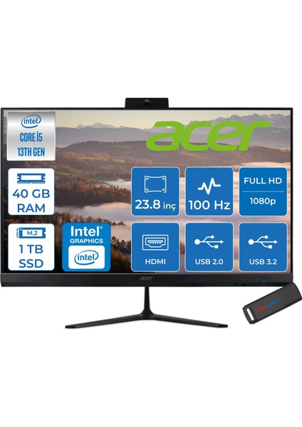 Aspire C24 Intel Core I5 1334U 40GB Ram 1tb SSD Freedos Iris® Xe Graphics 23.8" Fullhd IPS 100Hz Siyah All In One Bilgisayar DQBN1EM001F23 + Zetta Flash Bellek
