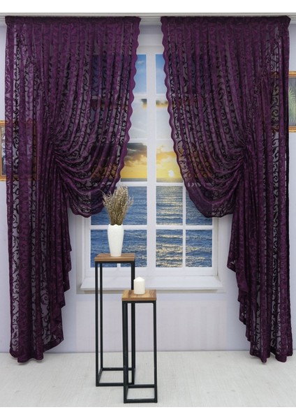 Büzgülü 2 Kanat Tül Fon Perde Mürdüm