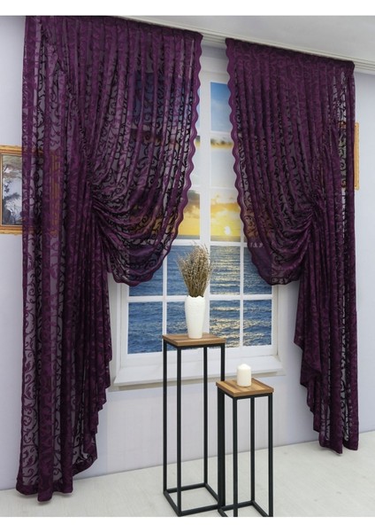 Büzgülü 2 Kanat Tül Fon Perde Mürdüm fiyatları