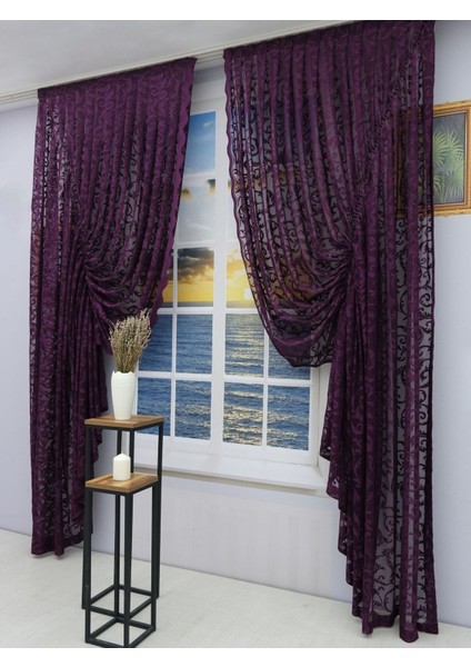 Büzgülü 2 Kanat Tül Fon Perde Mürdüm modelleri