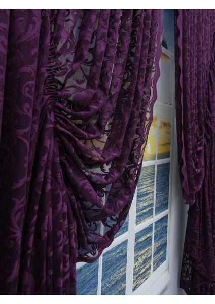 Büzgülü 2 Kanat Tül Fon Perde Mürdüm fırsatları