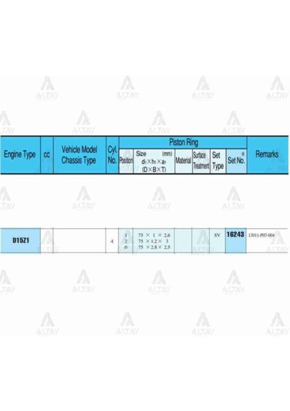 Rıken 16243 -Std Segman Civic 96-01 1.6 Hrv 99-07 75.00MM D16Y4-D16W1 Std Takım