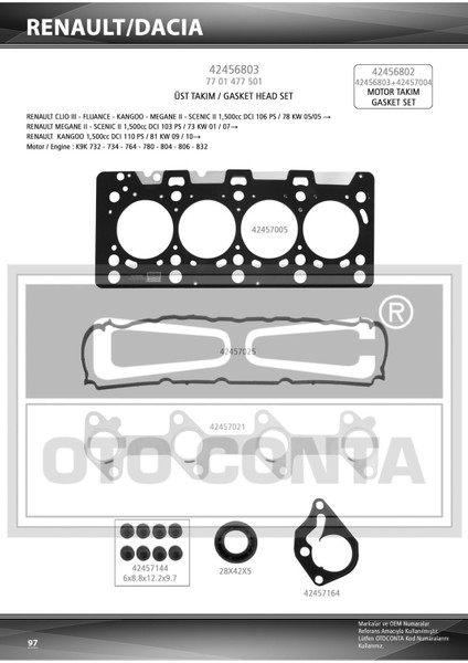 Otoconta 42456803 Motor Takım Conta Full Teflon Keçeli Skclı Clıo Kangoo Megane Logan 1.5 Dcı K9K