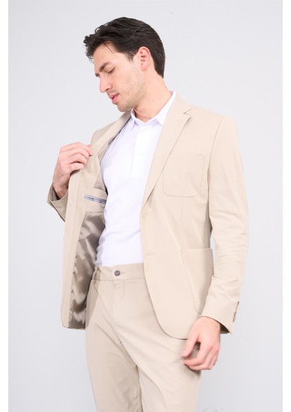 4333 Erkek Slimfit Astarsız Biyeli Ceket Bej