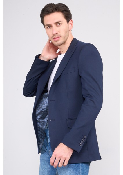 4324 Erkek Sivri Yaka Slim Fit Ceket Lacivert
