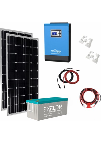 Güneş Enerjisi Karavan Plus+ Paket – 1Kw Mppt Akıllı Tam Sinus İnverter + 2X 200W Güneş Paneli + 1X 12V 200A Jel Akü