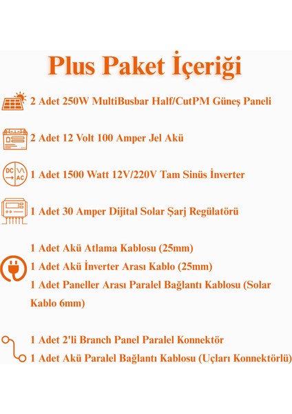 Güneş Enerjisi Karavan Plus Paket – 1.5kw Tam Sinus Inverter + 2x 250W Güneş Paneli – 2x 12V 100AH Jel Akü fiyatları