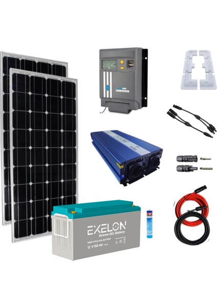 Güneş Enerjisi Karavan Prime+ Paket – 1Kw Ups Şarjlı Tam Sinus İnverter - 2X 200W Güneş Paneli – 1X 12V 150A Jel Akü
