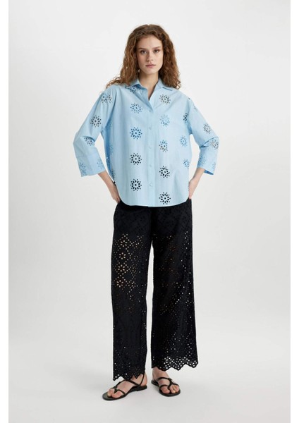 Wide Leg Kumaş Pantolon Geniş Bol Paça Cepli Yüksek Bel Brode Delikli Uzun Boy C0320AX24SM fiyatları