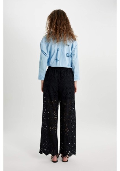 Wide Leg Kumaş Pantolon Geniş Bol Paça Cepli Yüksek Bel Brode Delikli Uzun Boy C0320AX24SM