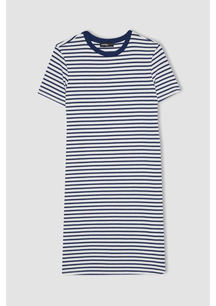Bodycon Vücudu Saran Bisiklet Yaka Çizgili Fitilli Kaşkorse Kısa Kollu Mini Elbise C1733AX24SP