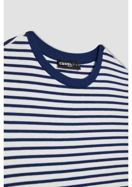 Bodycon Vücudu Saran Bisiklet Yaka Çizgili Fitilli Kaşkorse Kısa Kollu Mini Elbise C1733AX24SP