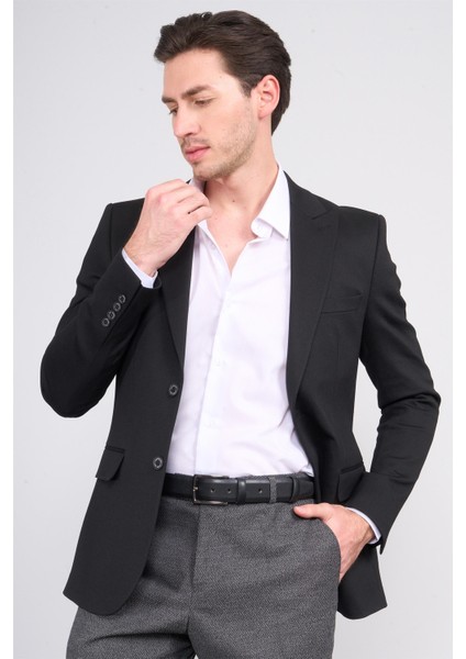 4324 Erkek Sivri Yaka Slim Fit Ceket Siyah