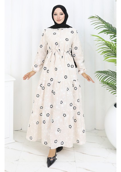 Yarım Düğmeli Keten Elbise 2097-01 Bej Siyah