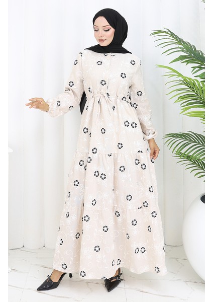 Yarım Düğmeli Keten Elbise 2097-01 Bej Siyah fiyatları