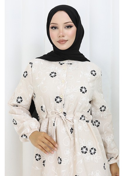 Yarım Düğmeli Keten Elbise 2097-01 Bej Siyah modelleri