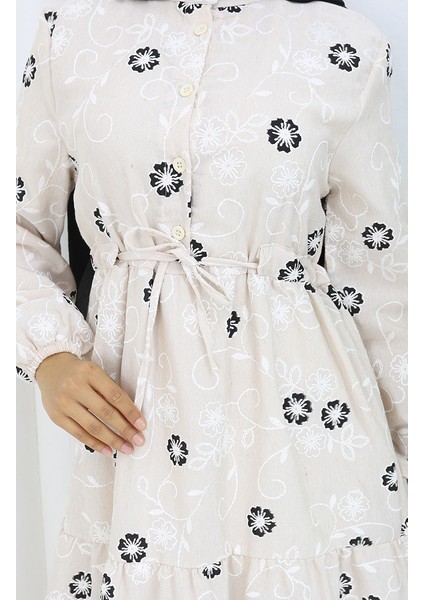 Yarım Düğmeli Keten Elbise 2097-01 Bej Siyah fırsatları