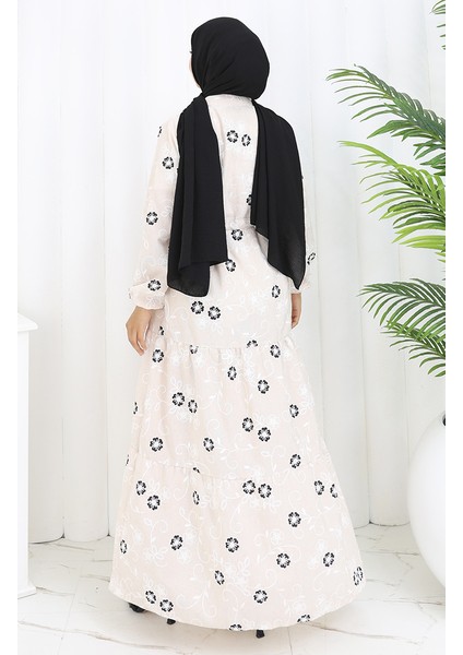 Yarım Düğmeli Keten Elbise 2097-01 Bej Siyah indirimleri