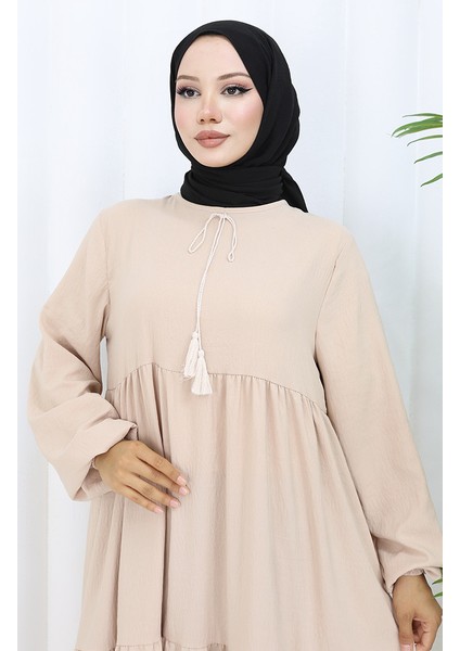 Yaka Bağcıklı Kat Kat Elbise 4107-06 Krem modelleri