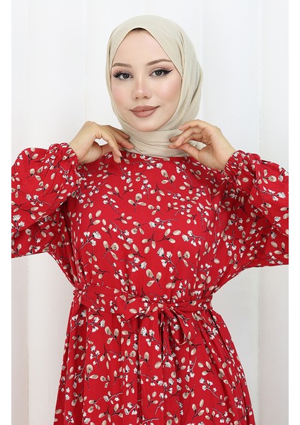 Çiçek Desenli Viskon Elbise 0113-04 Kırmızı modelleri