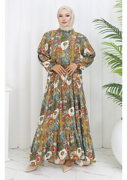 Viskon Kumaş Büzgülü Elbise 2094-01 Vizon