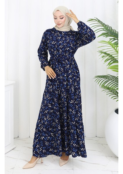 Çiçek Desenli Viskon Elbise 0113-03 Lacivert