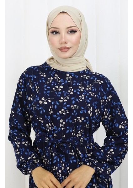 Çiçek Desenli Viskon Elbise 0113-03 Lacivert modelleri