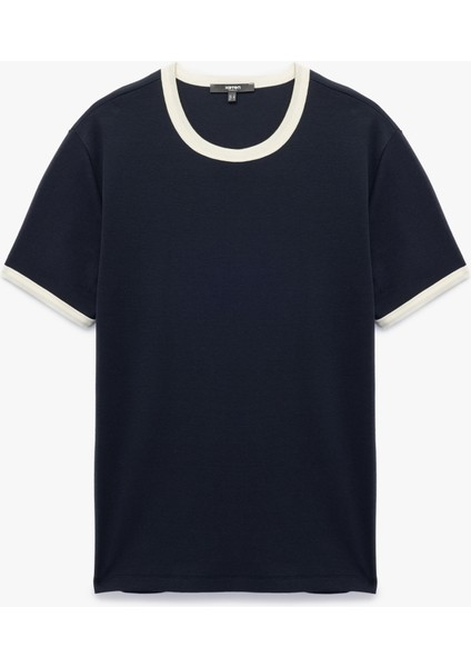 Kısa Kollu Bisiklet Yaka Renk Kontrastlı Pamuklu Slim Fit Tişört