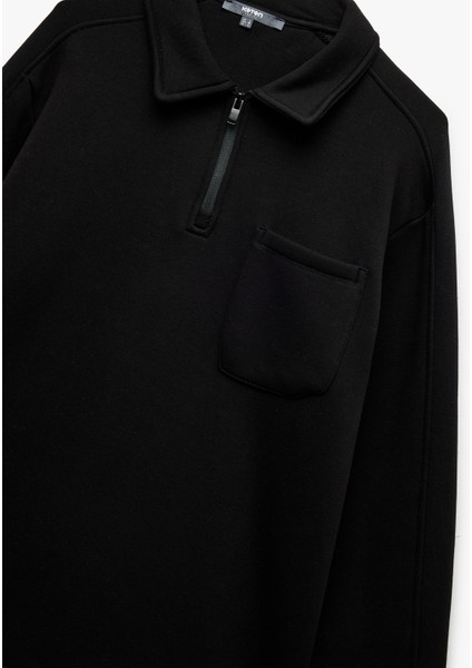 Şardonlu Cep Detaylı Uzun Kollu Yarım Fermuarlı Polo Yaka Sweatshirt