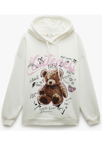 Şardonlu Uzun Kollu Kapüşonlu Baskılı Oversize Sweatshirt modelleri