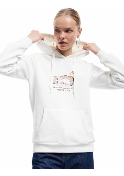Üç Iplik Şardonlu Kanguru Cep Detaylı Kedi Baskılı Kapüşonlu Sweatshirt