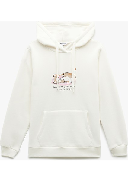 Üç Iplik Şardonlu Kanguru Cep Detaylı Kedi Baskılı Kapüşonlu Sweatshirt modelleri