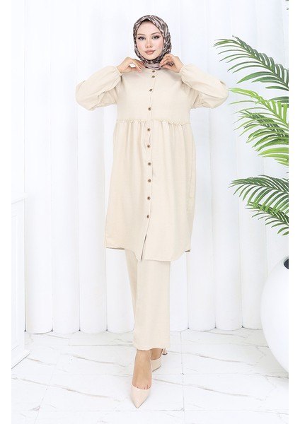 Büzgülü Düğmeli Tunik Pantolon Ikili Takım 0115-05 Bej