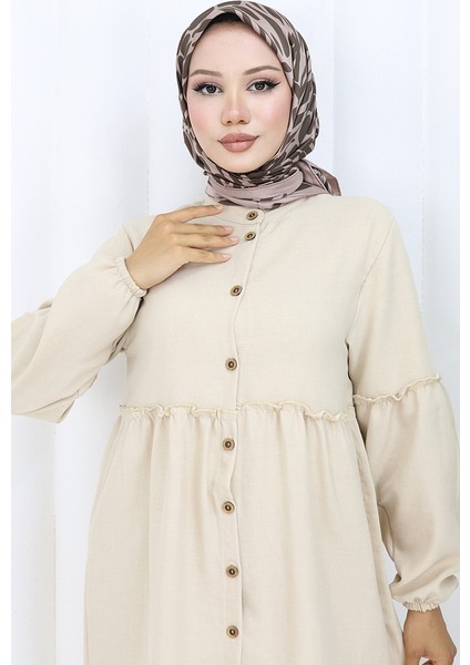 Büzgülü Düğmeli Tunik Pantolon Ikili Takım 0115-05 Bej modelleri
