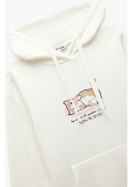 Üç Iplik Şardonlu Kanguru Cep Detaylı Kedi Baskılı Kapüşonlu Sweatshirt indirimleri