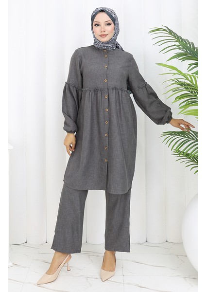 Büzgülü Düğmeli Tunik Pantolon Ikili Takım 0115-02 Antrasit