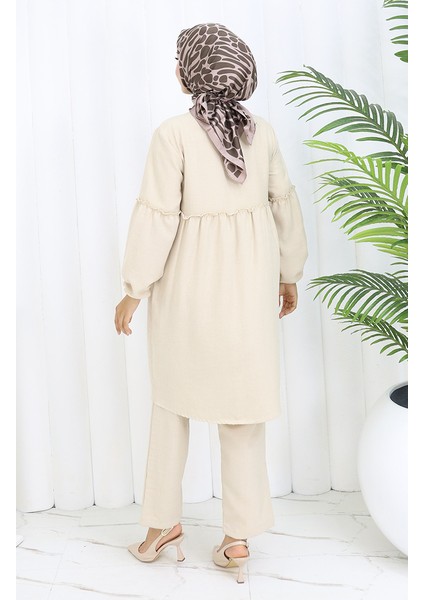 Büzgülü Düğmeli Tunik Pantolon Ikili Takım 0115-05 Bej indirimleri
