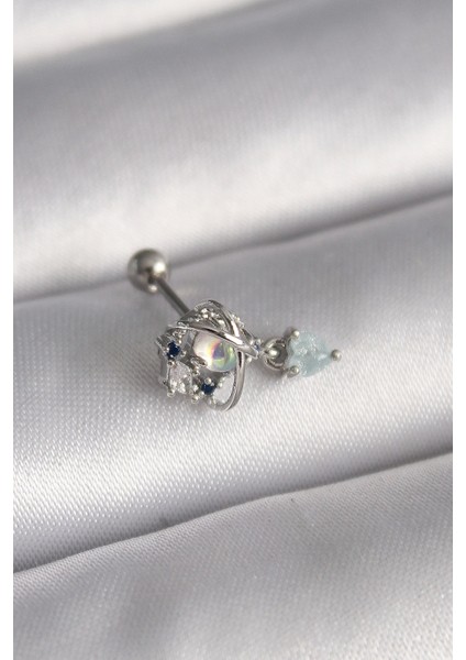 Bfs 316L Çelik Gümüş Renk Zirkon Taşlı Sallantı Kalp Detay Tragus Piercing