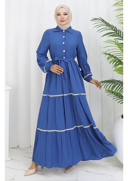 Yarım Düğmeli Kuşaklı Elbise 2098-02 Indigo