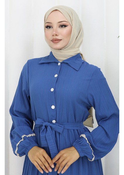 Yarım Düğmeli Kuşaklı Elbise 2098-02 Indigo modelleri